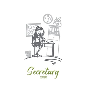 Secretary concept. Hand drawn female clerk at her workplace. Secretary working at office isolated vector illustration.