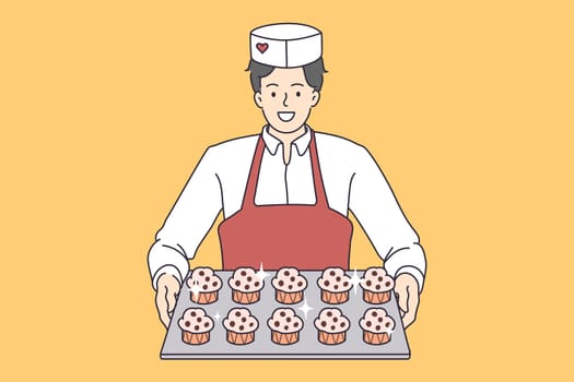 Pastry baking worker with cupcakes tray. Vector concept illustration of desserts baker serving sweet muffins.