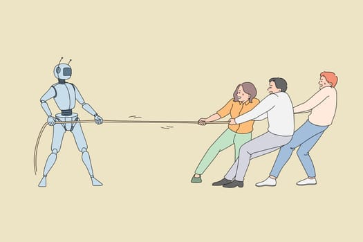 Human workers pulling the rope against robotic worker. Vector concept illustration of fighting between artificial intelligence technology and business people.