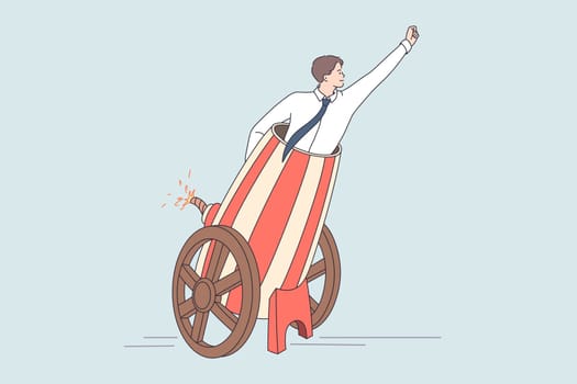 Businessman in cannon launching new project. Vector concept illustration of starting new business company by shooting manager to goal.