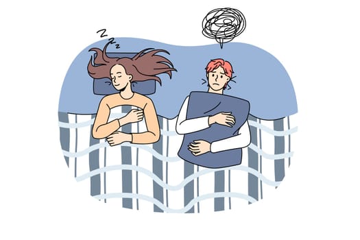 Sleepless anxiety people during the night. Vector illustration of awaked couple during the night suffering of insomnia problem