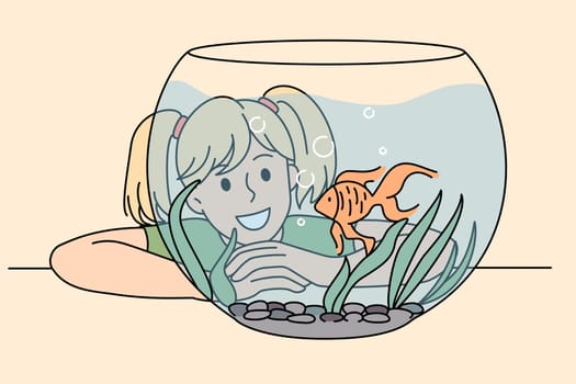 Happy smiling girl admiring golden cute fish in glass aquarium. Vector concept illustration of child happy moment with domestic pet.