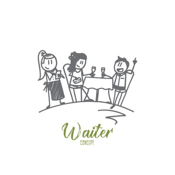 Waiter concept. Hand drawn smiling female waiter in apron writing order near clients. Waitress guests at a table in a cafe isolated vector illustration.