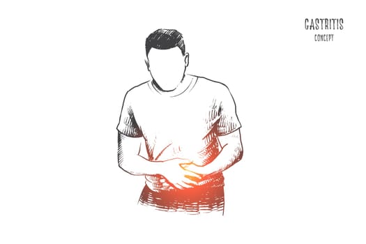 Gastritis concept. Hand drawn man suffering stomach ache. Concept of healthcare and medicine isolated vector illustration.