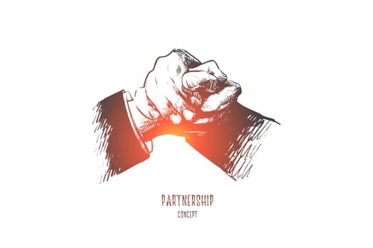 Partnership concept. Hand drawn friendly handshake between business partners. Handshaking as symbol of successful agreement isolated vector illustration.
