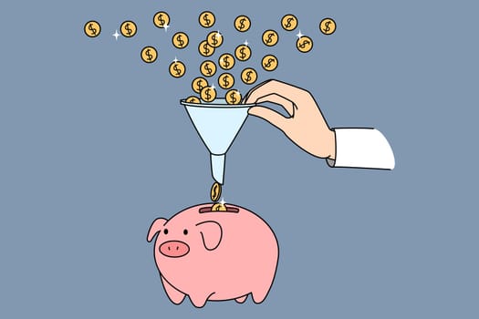 Financial funnel depositing money. Vector concept illustration of dollar coins attracted into business sale and generation profit funnel.