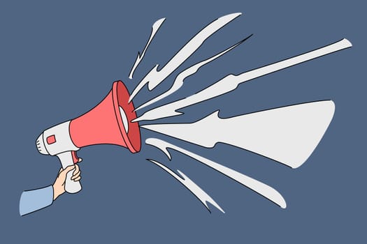 Hand with speaking loudly megaphone. Vector concept illustration of advertisement promotional marketing speaker.
