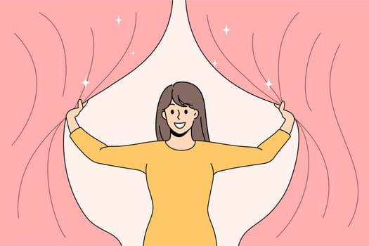 Happy smiling girl opens the curtains. Vector concept illustration of new light in life. Mental health and future solutions against anxiety.