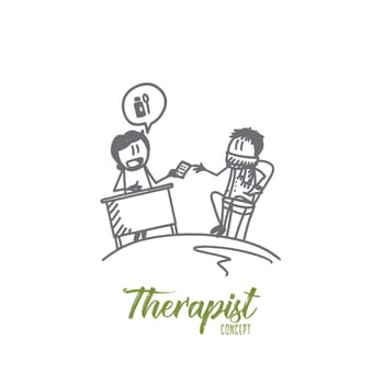 Therapist concept. Hand drawn doctor and patient in clinic. Doctor's appointment isolated vector illustration.