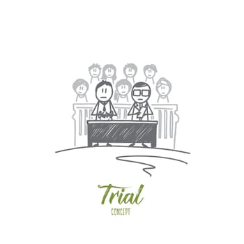 Trial concept. Hand drawn courtroom with people inside. Trial and judge isolated vector illustration.