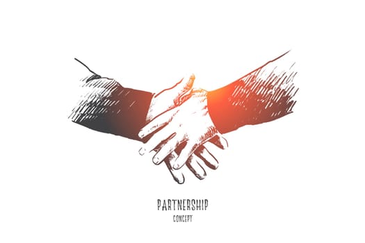Partnership concept. Hand drawn handshake of two persons. Symbol of agreement, success deal isolated vector illustration.