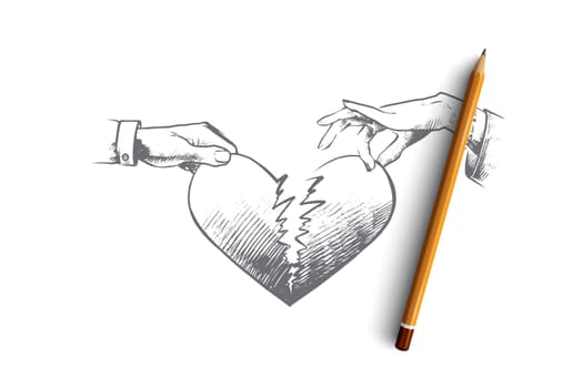 Broken heart concept. Hand drawn man and a woman holding two half of broken heart. Crisis relationship or divorce isolated vector illustration.