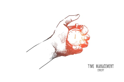 Time management concept. Hand drawn male hand with stopwatch. Watch in hand as symbol of deadline isolated vector illustration.