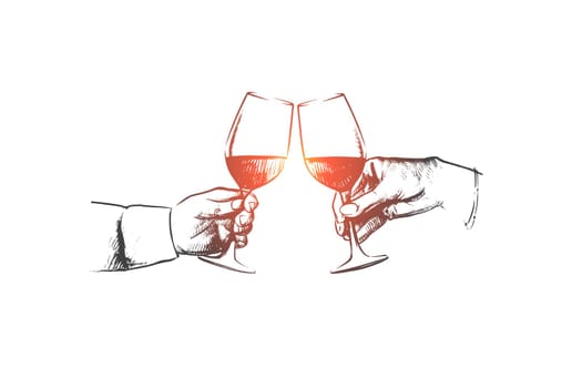 Party time concept. Hand drawn male hands with glass of wine. Hands of persons clink glasses with alcohol isolated vector illustration.