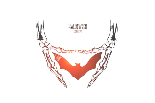 Halloween concept. Hand drawn silhouette of bat and arms of skeleton around it. Greeting card or poster for Halloween poster isolated vector illustration.
