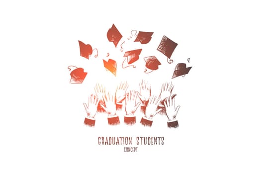 Graduation students concept. Hand drawn hands of students throwing graduation hats in air. Graduation and education concept isolated vector illustration.