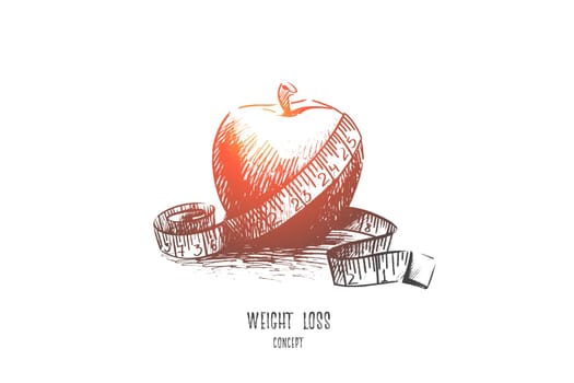 Weight loss concept. Hand drawn apple with measuring tape. Fruit as healthy food and symbol of diet isolated vector illustration.