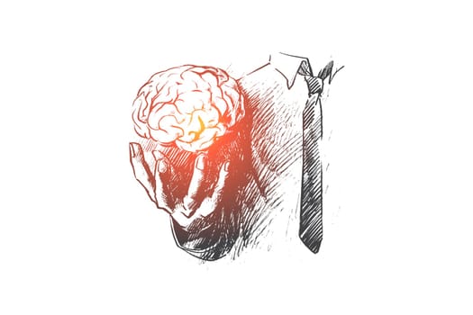 Brain concept. Hand drawn hand holding human brain. Symbol of creativity and inspiration isolated vector illustration.