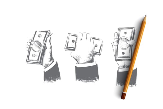 Cash concept. Hand drawn hands of persons full of money. A lot of dollars in hands isolated vector illustration.
