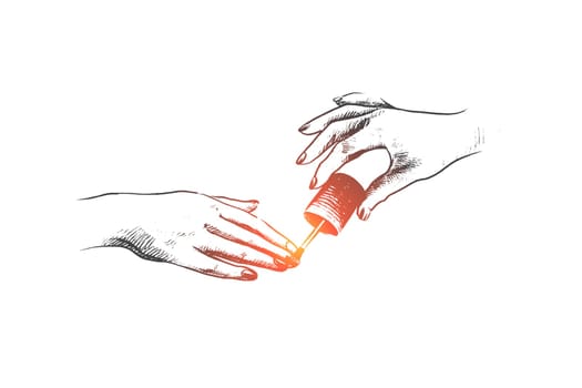 Nail studio concept. Hand drawn elegant woman hand doing manicure. Applying nail polish process isolated vector illustration.