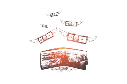 Spend money concept. Hand drawn money fly out of the bag. Wallet with money fly away isolated vector illustration.