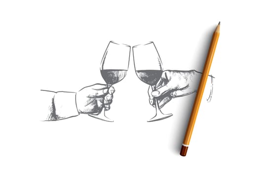 Party time concept. Hand drawn male hands with glass of wine. Hands of persons clink glasses with alcohol isolated vector illustration.