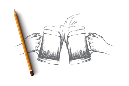 October fest concept. Hand drawn male hands with mugs of beer. Fresh beer with foam isolated vector illustration.