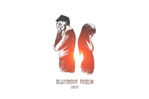 Relationship problem concept. Hand drawn man and woman standing back to back. Unhappy couple in conflict isolated vector illustration.