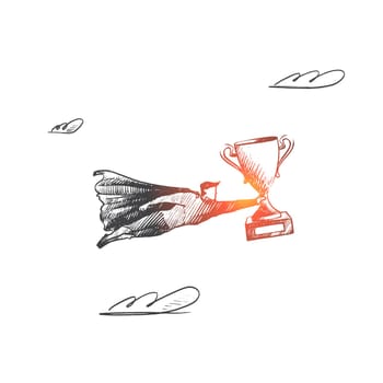 Award trophy concept. Hand drawn superhero with cup for winner. Flying hero brings trophy for winner of competition isolated vector illustration.
