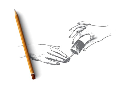 Nail studio concept. Hand drawn elegant woman hand doing manicure. Applying nail polish process isolated vector illustration.