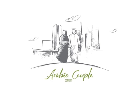 Arabic couple concept. Hand drawn arabic man and woman in modern city. Arabic couple in national dress holding hands isolated vector illustration.