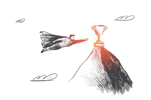 Target concept. Hand drawn superhero flying to top of high mountain. Flying hero going to achieve goal isolated vector illustration.