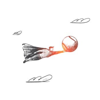 Tennis concept. Hand drawn superhero with tennis ball in his hand. Flying hero starting sportive play isolated vector illustration.