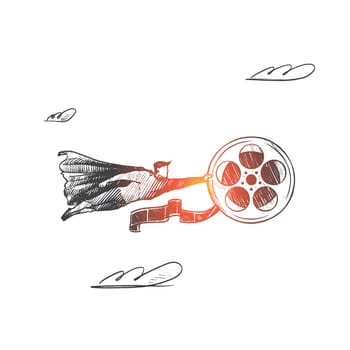 Cinema concept. Hand drawn superhero with big film reel in his hand. Flying hero holds film spool isolated vector illustration.