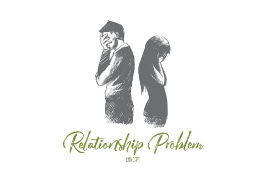 Relationship problem concept. Hand drawn man and woman standing back to back. Unhappy couple in conflict isolated vector illustration.