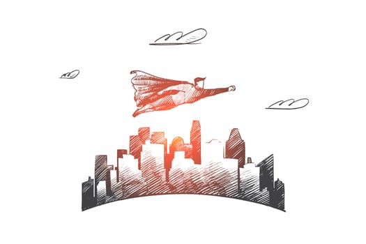 Start up concept. Hand drawn superhero flying under skyscrapers. Flying hero as symbol of start of new business isolated vector illustration.
