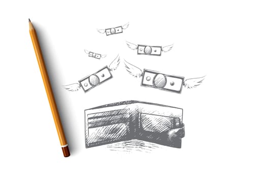 Spend money concept. Hand drawn money fly out of the bag. Wallet with money fly away isolated vector illustration.