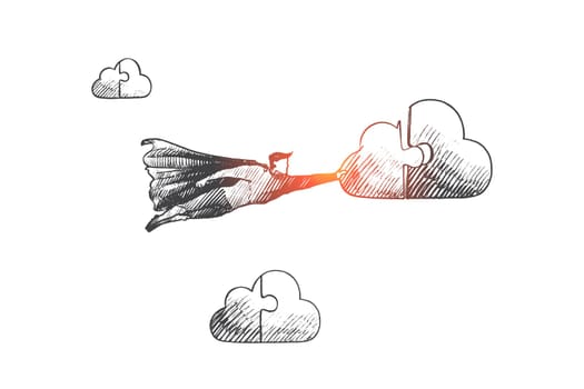 Cleaning service concept. Hand drawn superhero connect to cloud. Flying hero holds part of cloud in his hand isolated vector illustration.