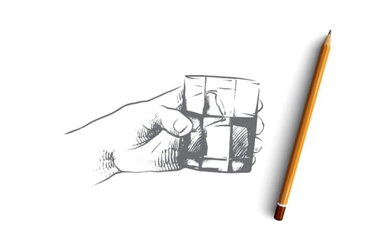 Time to drink concept. Hand drawn persons hand with glass of whiskey. Male hand with shot of rum, whiskey or cognac isolated vector illustration.
