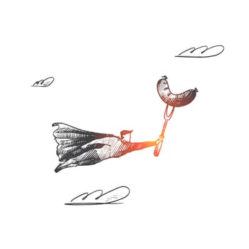 Barbecue party concept. Hand drawn superhero with sausage on fork. Flying hero brings barbequed food for party isolated vector illustration.