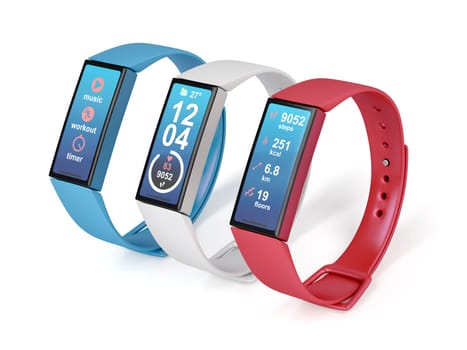 Blue, white and red colored fitness trackers on white background
