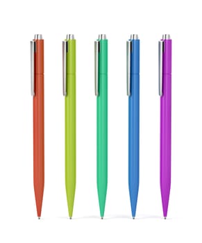 Five pens with different colors on white background