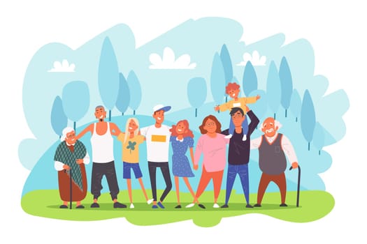 Big family portrait, parents with children, grandparents and grandchildren hugging each other concept. Few generations posing for photo together outdoors cartoon. Simple flat vector