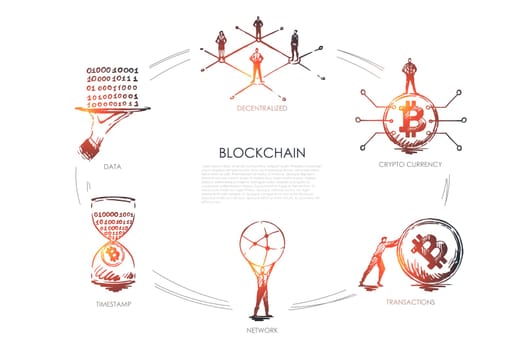 Blockchain, decentralized, crypto currency, transactions, timestamp, data vector set