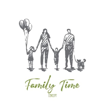Family time, mother, kids, happy, father concept. Hand drawn happy family walking outside concept sketch. Isolated vector illustration.