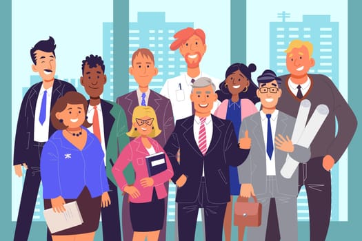 Group of coworkers, teamwork concept. Office workers posing for photo together, businesspeople in suits standing in front of window with urban cityscape scenery. Simple flat vector