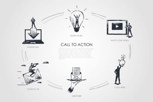 Call to action, learn more, watch our video, click here, subscribe, contact us vector set