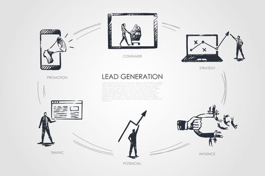 Lead Generation, strategy, infuence, potencial, traffic, consumer vector set