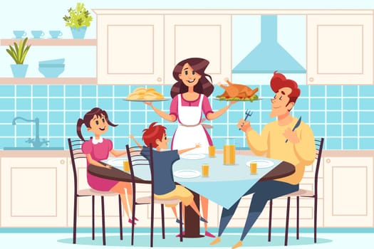 Family with children sitting at dining table, people having dinner together concept. Mother in apron serving delicious meal to her lovely daughter son and husband. Simple flat vector