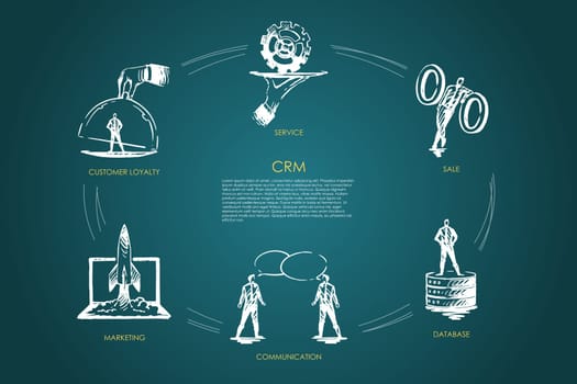 CMR, sale, data base, communication, marketing, customer loyality vector set
